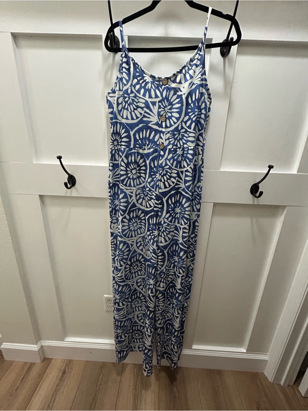 Boutique brand, “Fam Fam” Blue and White Printed Spaghetti-Strap Jumpsuit